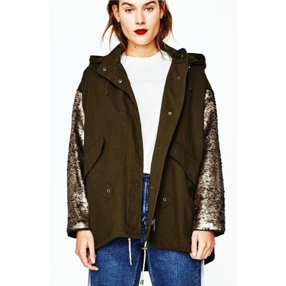 Zara Color-Changing Sequin Sleeve Parka Olive Green Utility Jacket Shiny Size S - Picture 1 of 15